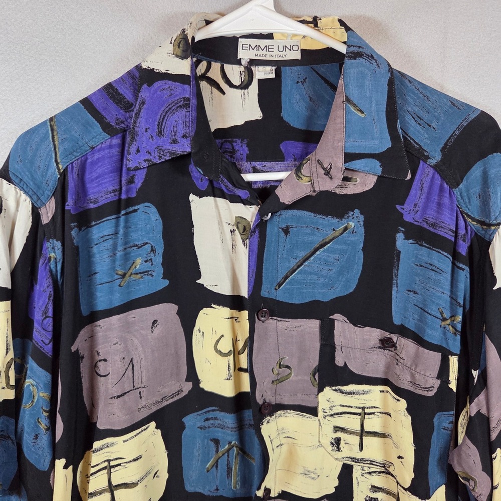 Vintage 90s Emme Uno Abstract Block Print Viscose Shirt Made in Italy S Artsy